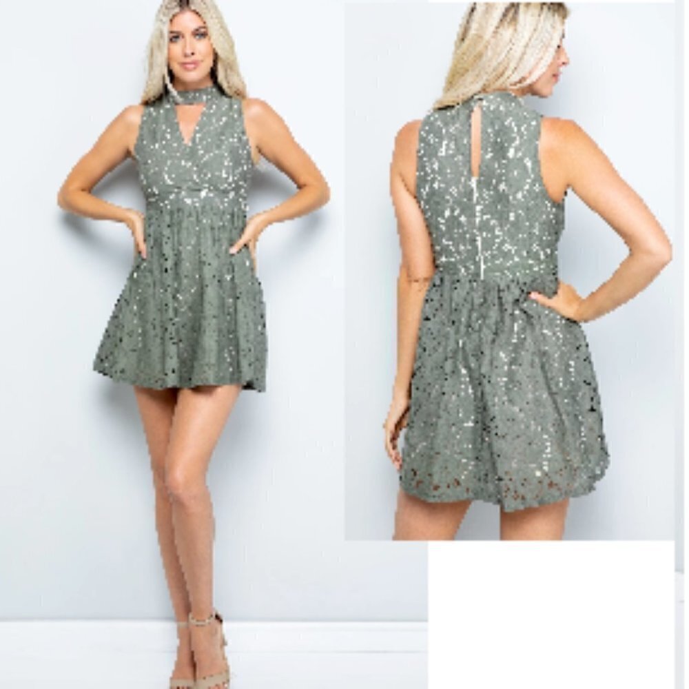 Sexy Olive Green Lace Mini Dress - L